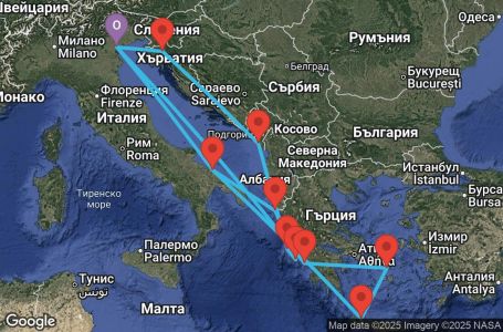 Маршрут на круиз 14 дни Италия, Гърция, Черна гора, Хърватия - PMA14A2S