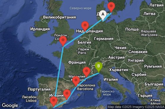 Маршрут на круиз 12 дни Германия, Дания, Нидерландия, Франция, Испания, Италия - UXGI
