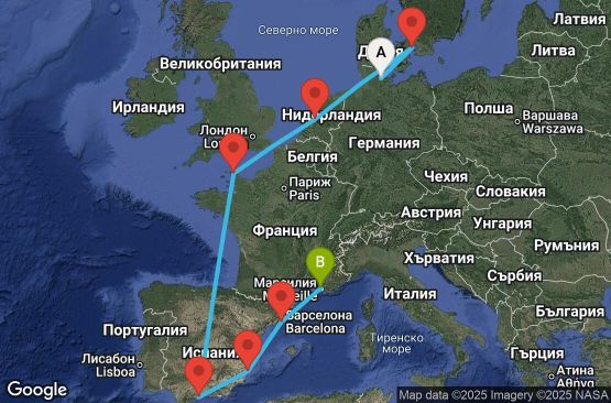 Маршрут на круиз 11 дни Германия, Дания, Нидерландия, Франция, Испания - UXGJ