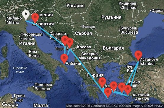 Маршрут на круиз 14 дни Италия, Хърватия, Черна гора, Гърция, Турция - EP20260518FSAPI1