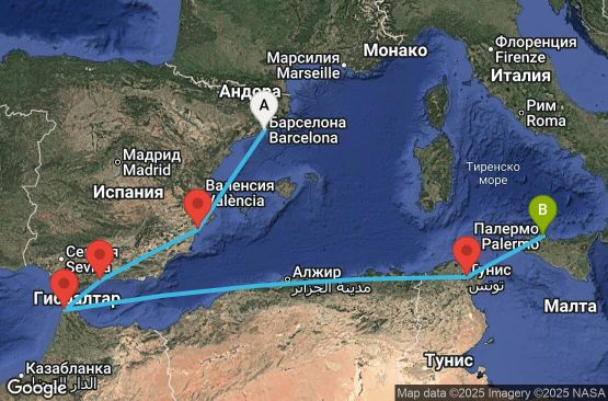 Маршрут на круиз 7 дни Испания, Мароко, Тунис, Италия - BCN07A6A