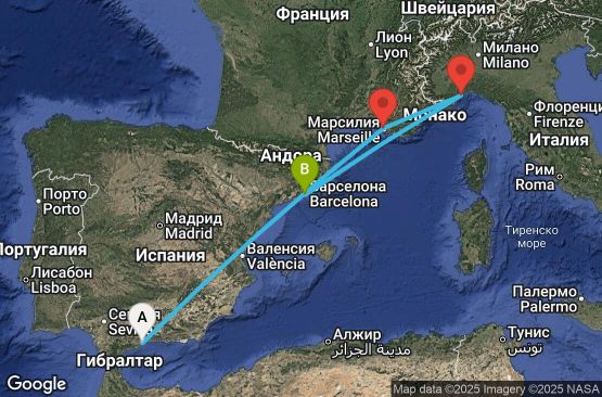 Маршрут на круиз 4 дни Испания, Франция, Италия - AGP04A04