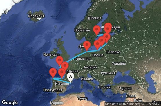 Маршрут на круиз 16 дни Испания, Франция, Германия, Полша, Литва, Латвия, Естония, Финландия, Швеция - UY2N