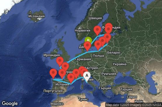 Маршрут на круиз 22 дни Италия, Франция, Испания, Германия, Полша, Литва, Латвия, Естония, Финландия, Швеция, Дания - UY2F