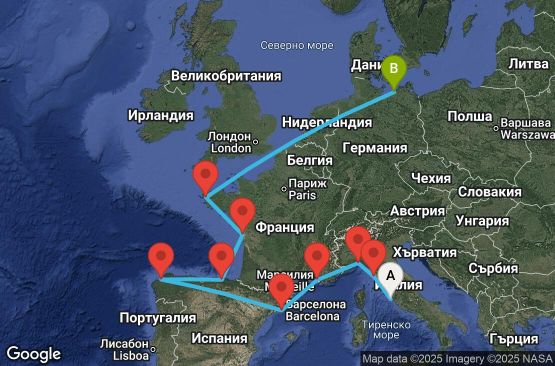 Маршрут на круиз 13 дни Италия, Франция, Испания, Германия - UY2B