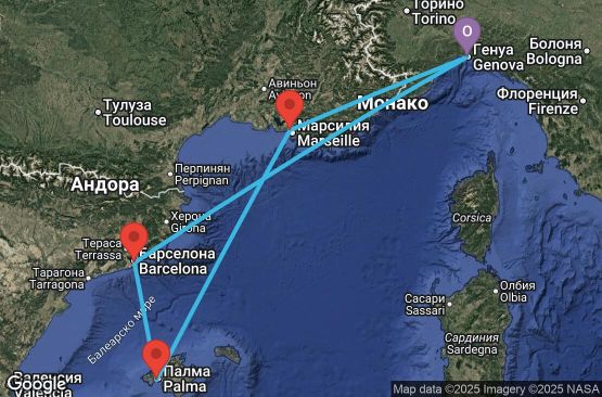 Маршрут на круиз Italy, Spain, Balearic Islands, France - GOA05A14