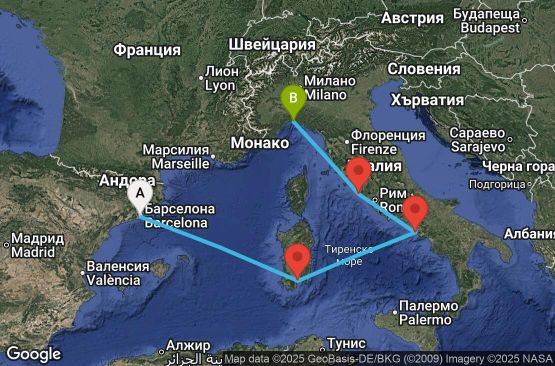 Маршрут на круиз 5 дни Испания, Италия - BCN05A2O