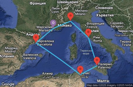 Маршрут на круиз 7 дни Франция, Испания, Тунис, Италия - MRS07A8B
