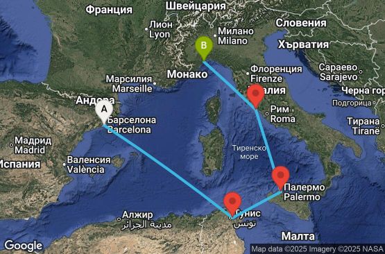 Маршрут на круиз 5 дни Испания, Тунис, Италия - BCN05A2F