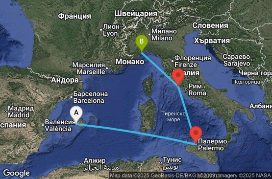 Маршрут на круиз 4 дни Испания, Италия - PMI04A11