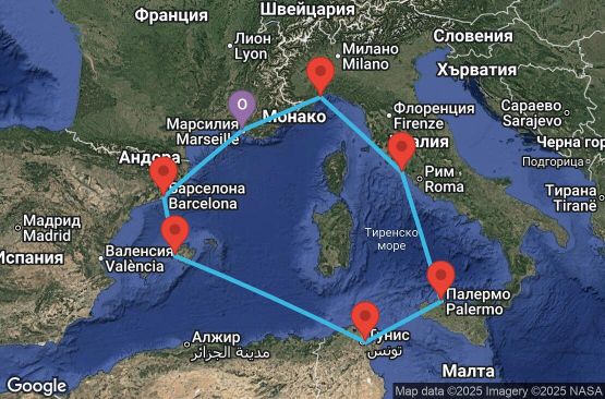 Маршрут на круиз 8 дни Франция, Испания, Тунис, Италия - MRS08A0S