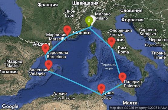 Маршрут на круиз 8 дни Италия, Франция, Испания, Тунис - GOA08A02