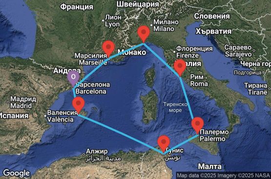 Маршрут на круиз 8 дни Испания, Тунис, Италия, Франция - BCN08A0O