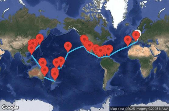 Маршрут на круиз 77 дни Франция, Испания, Португалия, Барбадос, Гренада, Нидерландски Антили, Колумбия, Коста Рика, Панама, Гватемала, Мексико, САЩ, Американска Самоа, Самоа, Фиджи, Нова Зеландия, Австралия, Филипини, Тайван, Япония - UY48