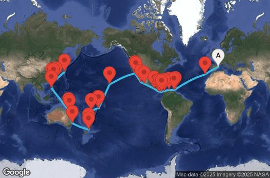 Маршрут на круиз 76 дни Испания, Португалия, Барбадос, Гренада, Нидерландски Антили, Колумбия, Коста Рика, Панама, Гватемала, Мексико, САЩ, Американска Самоа, Самоа, Фиджи, Нова Зеландия, Австралия, Филипини, Тайван, Япония - UY4D