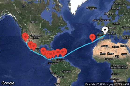 Маршрут на круиз 30 дни Испания, Португалия, Барбадос, Гренада, Нидерландски Антили, Колумбия, Коста Рика, Панама, Гватемала, Мексико, САЩ - UY4A