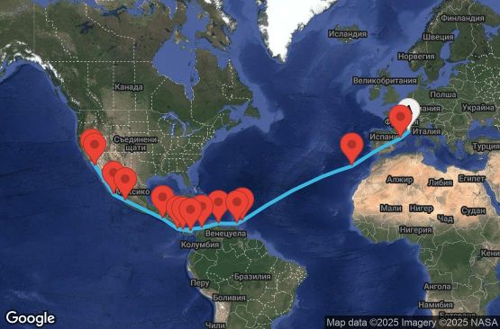 Маршрут на круиз 31 дни Франция, Испания, Португалия, Барбадос, Гренада, Нидерландски Антили, Колумбия, Коста Рика, Панама, Гватемала, Мексико, САЩ - UY45