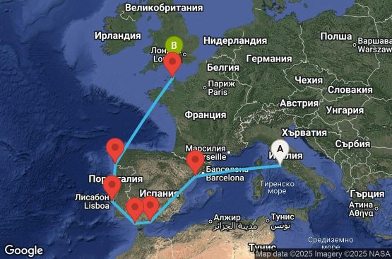 Маршрут на круиз 11 дни Италия, Испания, Португалия, Франция, Великобритания - UY6O