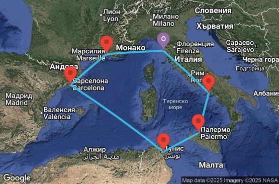 Маршрут на круиз 7 дни Италия, Франция, Испания, Тунис - UY5U