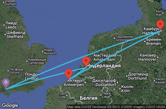 Маршрут на круиз 6 дни Великобритания, Германия, Белгия, Нидерландия - UYGA