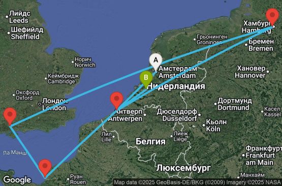 Маршрут на круиз 8 дни Нидерландия, Белгия, Франция, Великобритания, Германия - UYFP