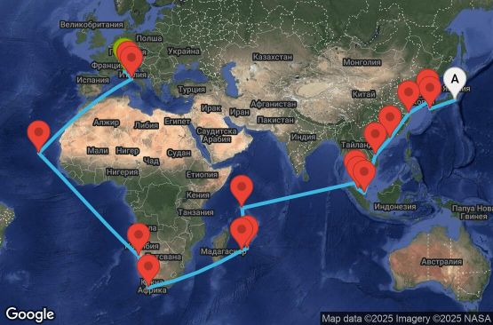 Маршрут на круиз 53 дни Япония, Южна Корея, Китай, Хонконг, Виетнам, Сингапур, Малайзия, Сейшелски острови, Мавриций, Реюнион, Южна Африка, Намибия, Кабо Верде, Италия - UY3V