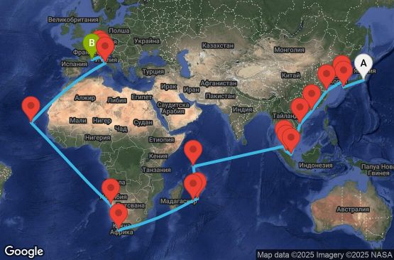 Маршрут на круиз 54 дни Япония, Южна Корея, Китай, Хонконг, Виетнам, Сингапур, Малайзия, Сейшелски острови, Мавриций, Реюнион, Южна Африка, Намибия, Кабо Верде, Италия, Франция - UY3W
