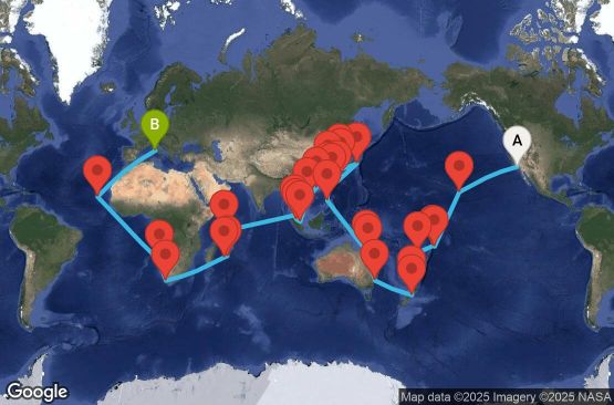 Маршрут на круиз 97 дни САЩ, Американска Самоа, Самоа, Фиджи, Нова Зеландия, Австралия, Филипини, Тайван, Япония, Южна Корея, Китай, Хонконг, Виетнам, Сингапур, Малайзия, Сейшелски острови, Мавриций, Реюнион, Южна Африка, Намибия, Кабо Верде, Италия - UY4K