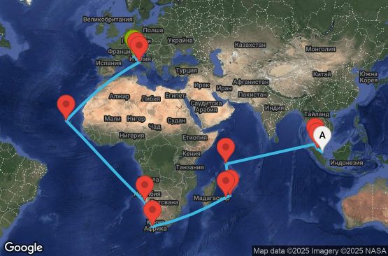 Маршрут на круиз 40 дни Сингапур, Малайзия, Сейшелски острови, Мавриций, Реюнион, Южна Африка, Намибия, Кабо Верде, Италия - UY3Z