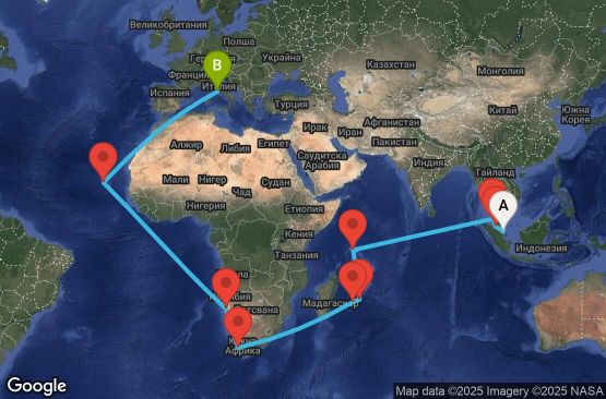 Маршрут на круиз 38 дни Сингапур, Малайзия, Сейшелски острови, Мавриций, Реюнион, Южна Африка, Намибия, Кабо Верде, Италия - UY3Y