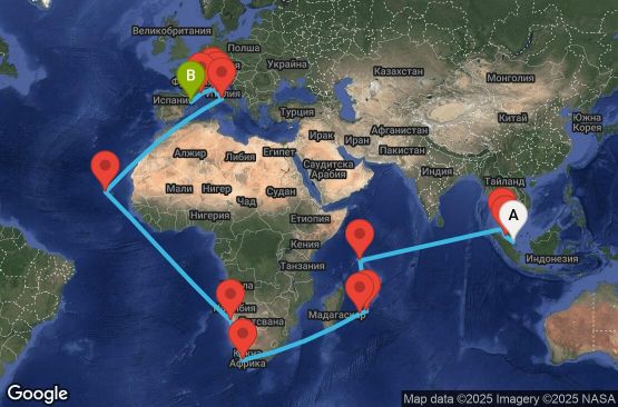 Маршрут на круиз 42 дни Сингапур, Малайзия, Сейшелски острови, Мавриций, Реюнион, Южна Африка, Намибия, Кабо Верде, Италия, Франция, Испания - UY3X