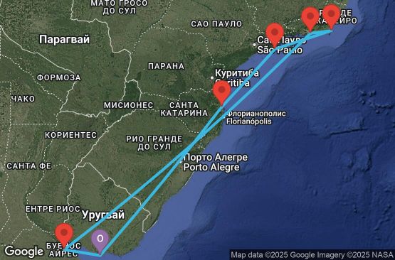 Маршрут на круиз 9 дни Уругвай, Аржентина, Бразилия - UYEU
