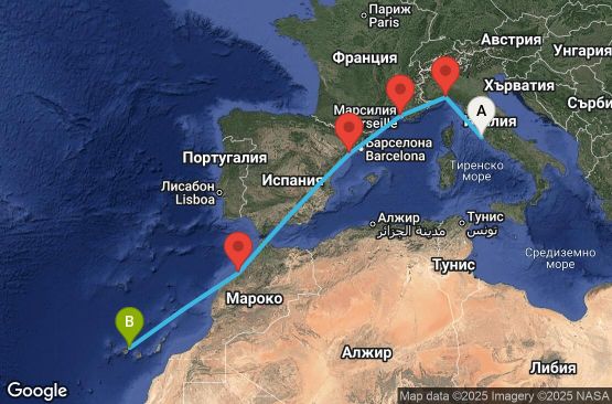 Маршрут на круиз 7 дни Италия, Франция, Испания, Мароко - UYGI