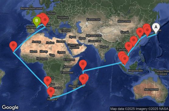 Маршрут на круиз 55 дни Япония, Южна Корея, Китай, Хонконг, Виетнам, Сингапур, Малайзия, Сейшелски острови, Мавриций, Реюнион, Южна Африка, Намибия, Кабо Верде, Италия, Франция, Испания - UY3T