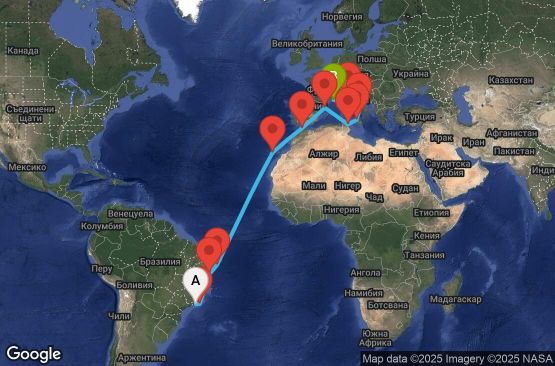 Маршрут на круиз 22 дни Бразилия, Испания, Мароко, Тунис, Италия, Франция - UY9W