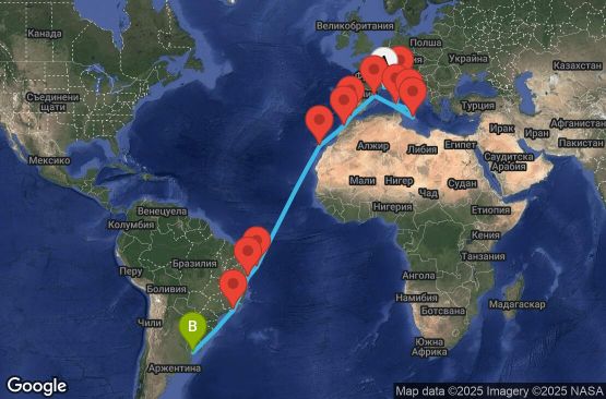 Маршрут на круиз 23 дни Франция, Италия, Малта, Испания, Гибралтар, Мароко, Бразилия, Уругвай - UYGJ