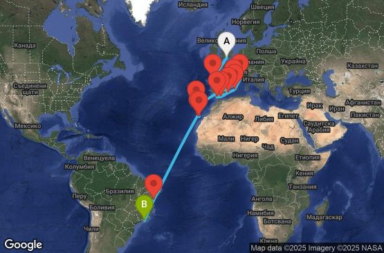 Маршрут на круиз 24 дни Великобритания, Испания, Франция, Португалия, Бразилия - UYB6