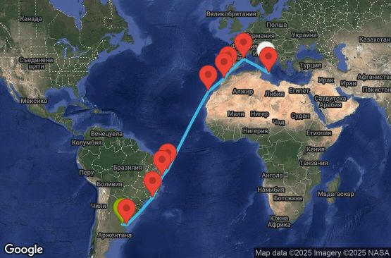 Маршрут на круиз 21 дни Италия, Малта, Испания, Гибралтар, Мароко, Бразилия, Уругвай, Аржентина - UYB2