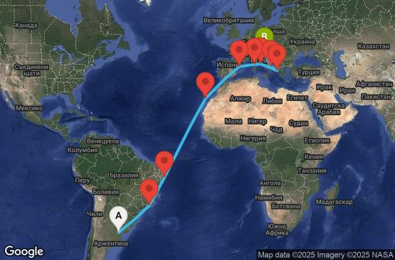 Маршрут на круиз 22 дни Аржентина, Бразилия, Испания, Франция, Италия, Гърция - UY97