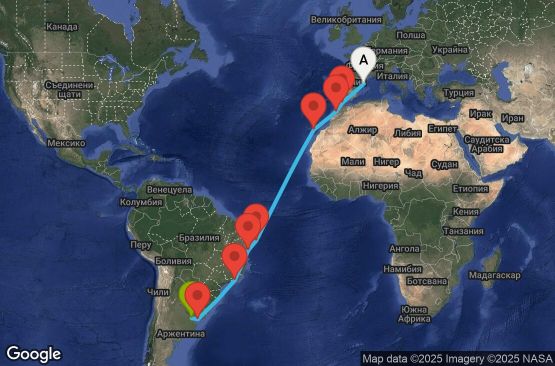 Маршрут на круиз 18 дни Испания, Гибралтар, Мароко, Бразилия, Уругвай, Аржентина - UY7S