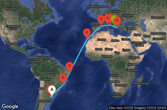 Маршрут на круиз 22 дни Уругвай, Аржентина, Бразилия, Испания, Франция, Италия, Гърция - UYGM