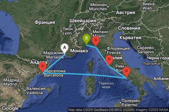 Маршрут на круиз 6 дни Франция, Испания, Италия - MRS06A30