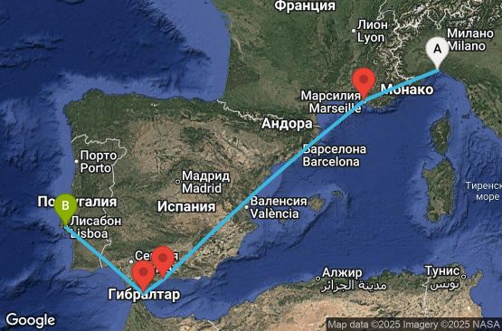Маршрут на круиз 5 дни Италия, Франция, Испания, Гибралтар, Португалия - UYH9