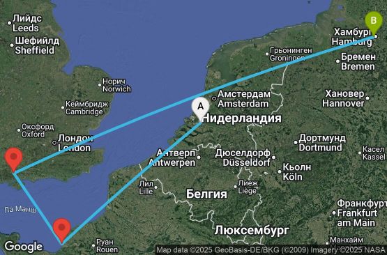 Маршрут на круиз 4 дни Нидерландия, Франция, Великобритания, Германия - UYGW