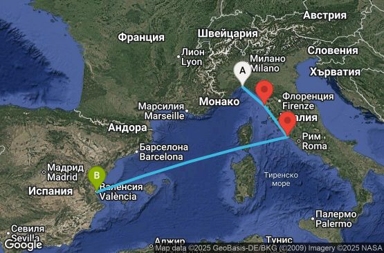 Маршрут на круиз 4 дни Италия, Испания - UWPI