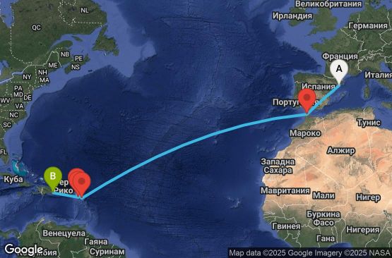 Маршрут на круиз 14 дни Испания, Мароко, Антигуа и Барбуда, Нидерландски Антили, Сейнт Китс и Невис, Доминиканска република - UYI0