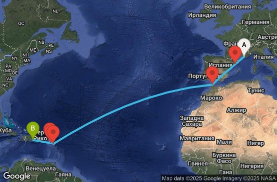 Маршрут на круиз 15 дни Франция, Испания, Мароко, Антигуа и Барбуда, Нидерландски Антили, Сейнт Китс и Невис, Доминиканска република - UYHZ