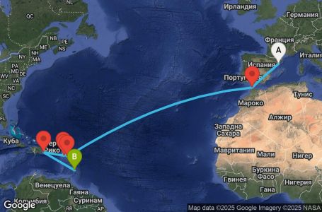 Маршрут на круиз 17 дни Испания, Мароко, Антигуа и Барбуда, Нидерландски Антили, Сейнт Китс и Невис, Доминиканска република, Барбадос - UYI2