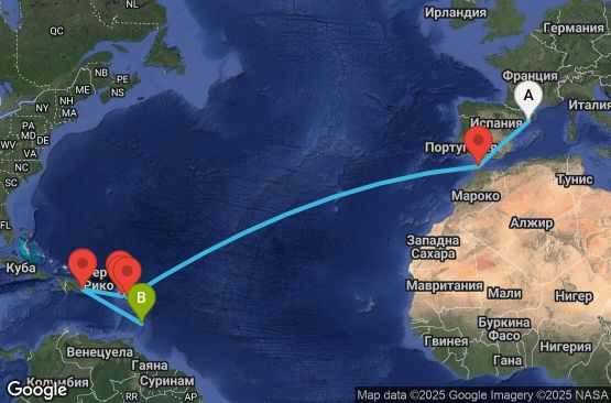 Маршрут на круиз 17 дни Испания, Мароко, Антигуа и Барбуда, Нидерландски Антили, Сейнт Китс и Невис, Доминиканска република, Барбадос - UYI2