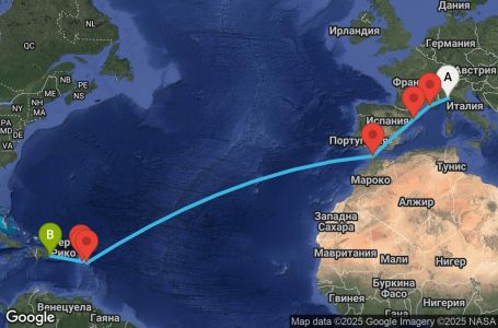 Маршрут на круиз 16 дни Италия, Франция, Испания, Мароко, Антигуа и Барбуда, Нидерландски Антили, Сейнт Китс и Невис, Доминиканска република - UYHX
